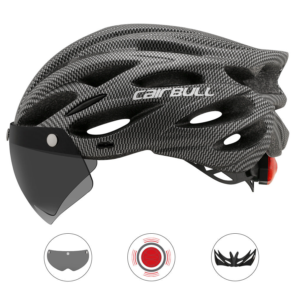 Road mountain bike riding helmet with lens and brim taillight