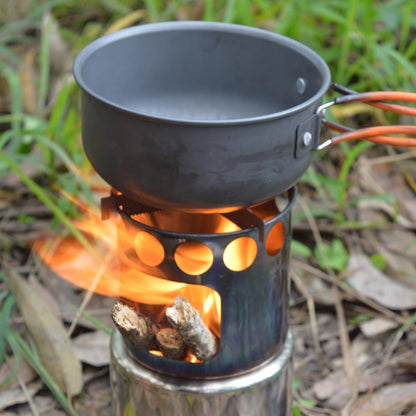 Ensemble de poêle de camping portable, poêle à bois en acier inoxydable et marmite pour la randonnée en plein air, la pêche et la randonnée