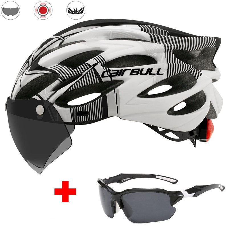 Road mountain bike riding helmet with lens and brim taillight