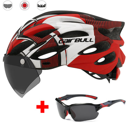 Road mountain bike riding helmet with lens and brim taillight