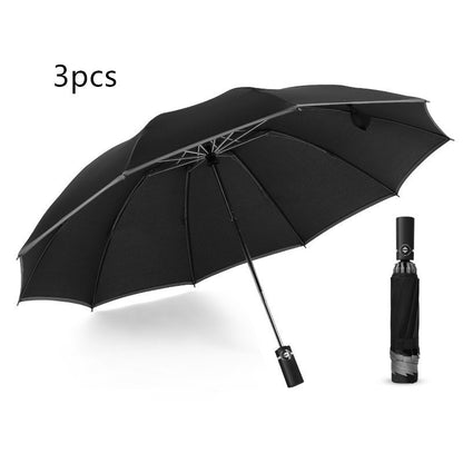 Parapluie inversé de voyage portable coupe-vent pliable, parapluie à fermeture automatique à 10 baleines, bandes réfléchissantes pour la sécurité nocturne