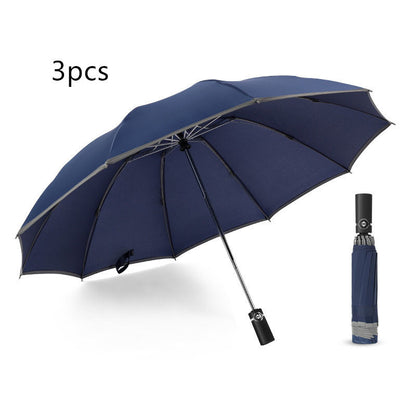 Parapluie inversé de voyage portable coupe-vent pliable, parapluie à fermeture automatique à 10 baleines, bandes réfléchissantes pour la sécurité nocturne