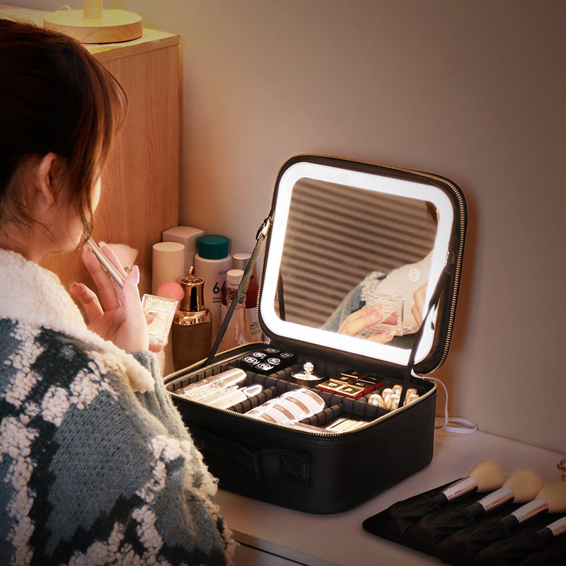 Trousse de maquillage avec miroir et lumière LED, boîte de rangement pour soins de la peau