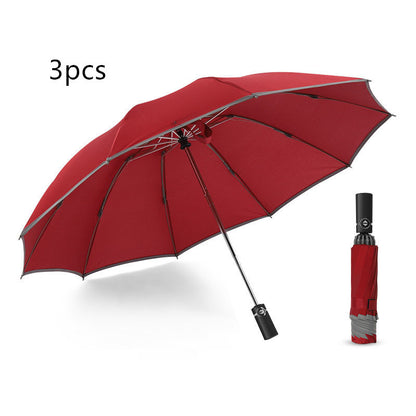 Parapluie inversé de voyage portable coupe-vent pliable, parapluie à fermeture automatique à 10 baleines, bandes réfléchissantes pour la sécurité nocturne