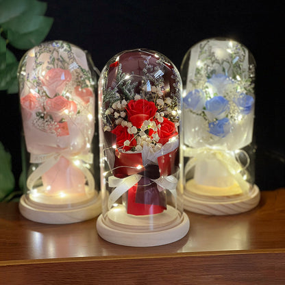 Bouquet de gypsophiles artificielles séchées en forme de rose avec couvercle en verre, ornements, petite lampe de nuit à LED, cadeau de Saint-Valentin