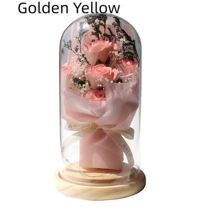 Bouquet de gypsophiles artificielles séchées en forme de rose avec couvercle en verre, ornements, petite lampe de nuit à LED, cadeau de Saint-Valentin