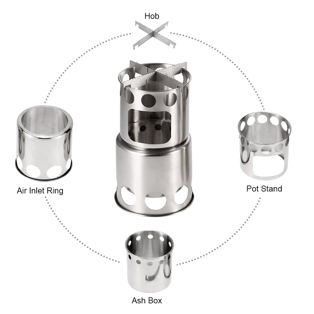 Ensemble de poêle de camping portable, poêle à bois en acier inoxydable et marmite pour la randonnée en plein air, la pêche et la randonnée
