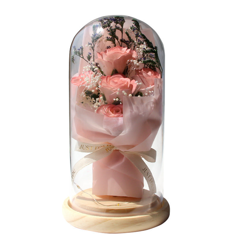 Bouquet de gypsophiles artificielles séchées en forme de rose avec couvercle en verre, ornements, petite lampe de nuit à LED, cadeau de Saint-Valentin