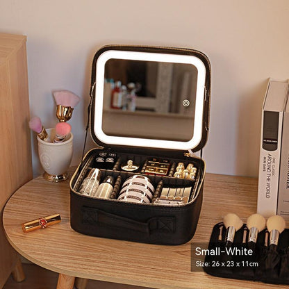 Trousse de maquillage avec miroir et lumière LED, boîte de rangement pour soins de la peau