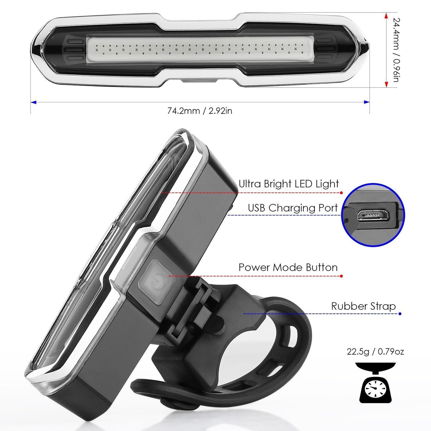 Feux arrière USB rouges et bleus pour VTT