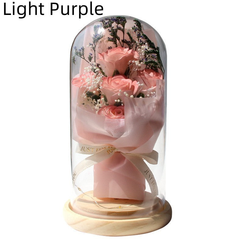 Bouquet de gypsophiles artificielles séchées en forme de rose avec couvercle en verre, ornements, petite lampe de nuit à LED, cadeau de Saint-Valentin