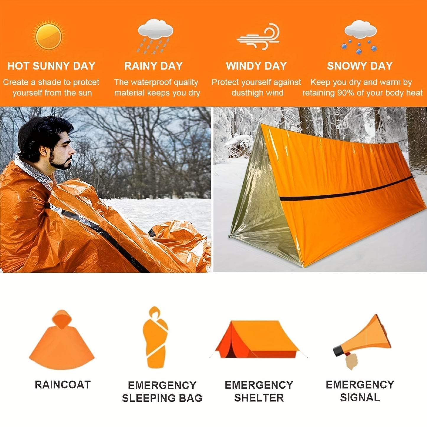 Sac de couchage d'urgence léger et portable, couverture, tente - Sac de bivouac thermique pour le camping, la randonnée et les activités de plein air - Couverture coupe-vent et imperméable pour la survie