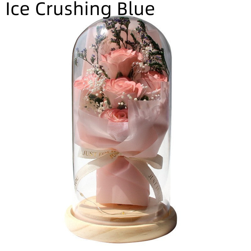 Artificial Rose Dried Flowers Gypsophila Babysbreath Bouquet Glass Cover Ornaments LED Small Night Lamp Valentine's Day Gift