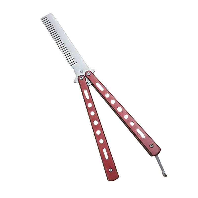 Peigne pliable d'extérieur en acier inoxydable pour entraînement à la pratique, couteau papillon, peigne pour barbe, moustache, brosse pour salon de coiffure, outil de coiffure