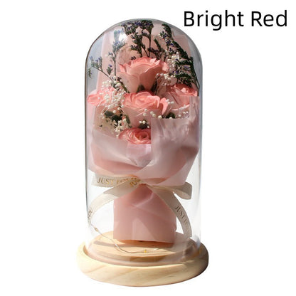 Bouquet de gypsophiles artificielles séchées en forme de rose avec couvercle en verre, ornements, petite lampe de nuit à LED, cadeau de Saint-Valentin