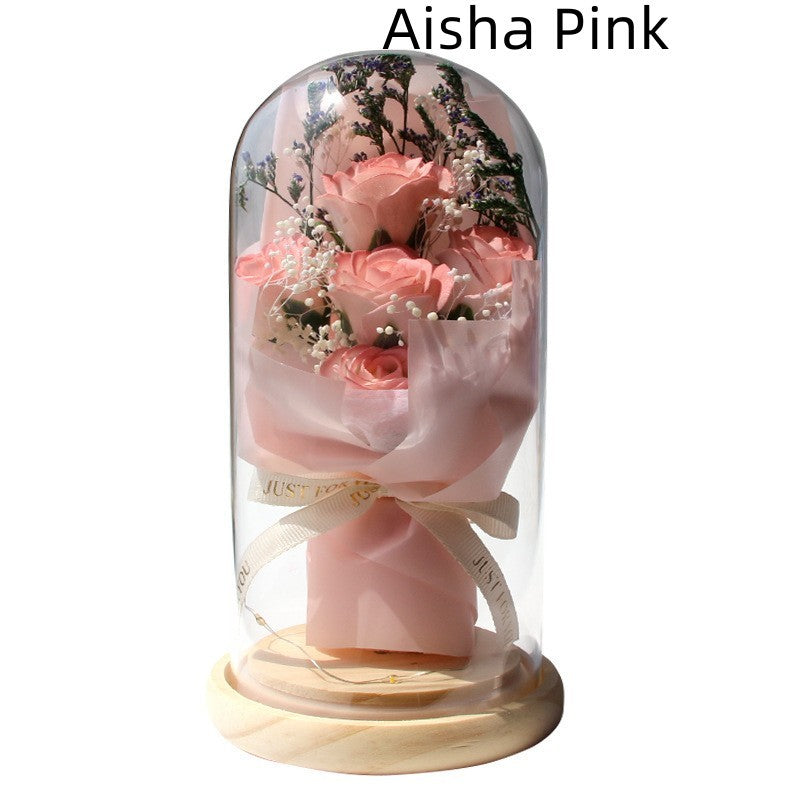 Artificial Rose Dried Flowers Gypsophila Babysbreath Bouquet Glass Cover Ornaments LED Small Night Lamp Valentine's Day Gift